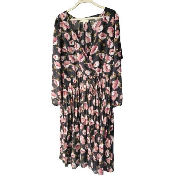 Indigo Rose Size PL Pink Floral Print Long Sleeve Lined Midi Dress Elastic Waist - Picture 2 of 15